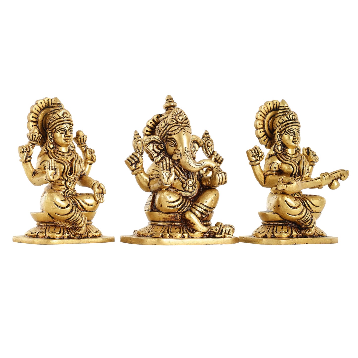 Brass Superfine Ganesha Lakshmi Saraswati Idols Set - 5 Inch - Budhshiv.com