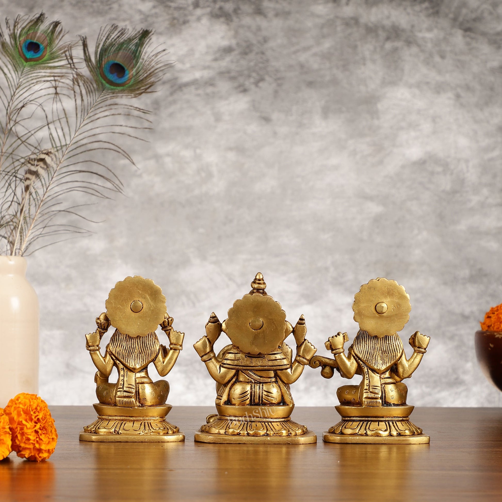 Brass Superfine Ganesha Lakshmi Saraswati Idols Set - 5 Inch - Budhshiv.com