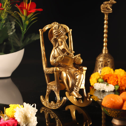 Brass superfine Ganesha on rocking chair 7" - Budhshiv.com