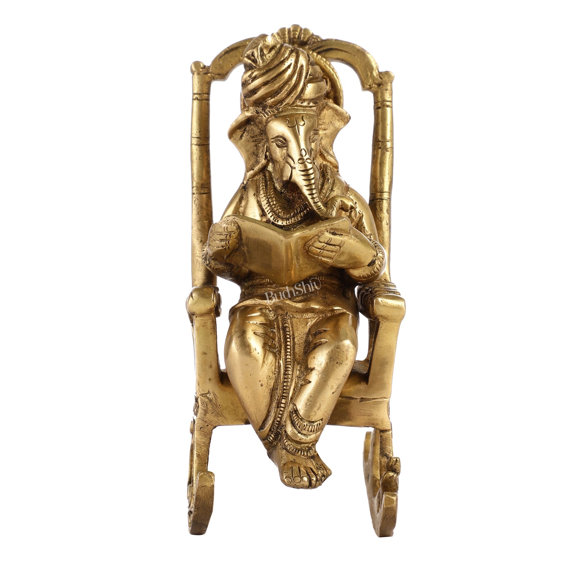 Brass superfine Ganesha on rocking chair 7" - Budhshiv.com