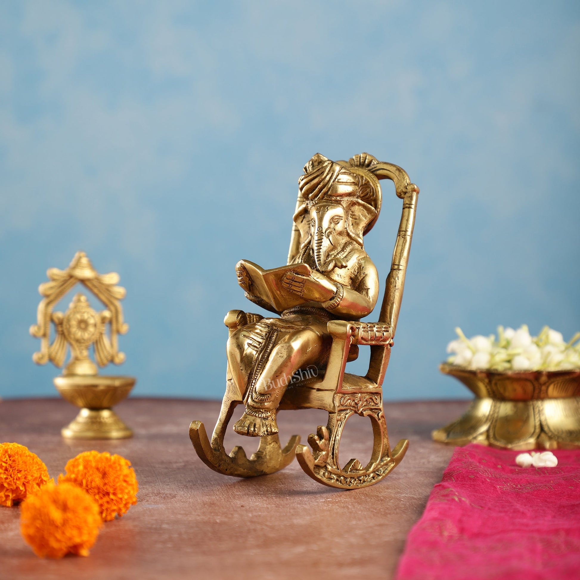 Brass superfine Ganesha on rocking chair 7" - Budhshiv.com