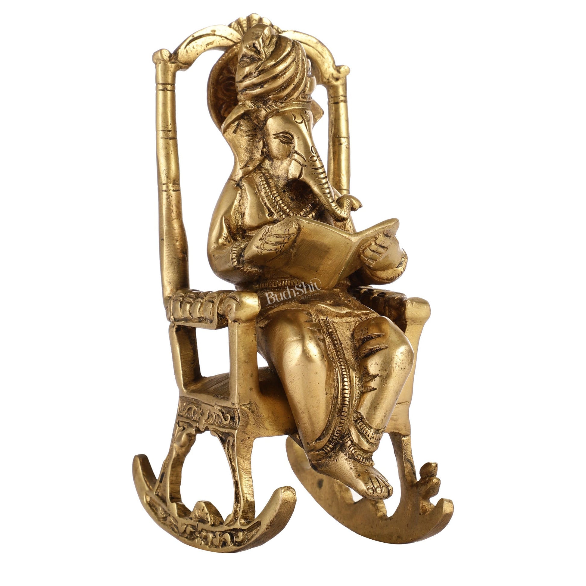 Brass superfine Ganesha on rocking chair 7" - Budhshiv.com