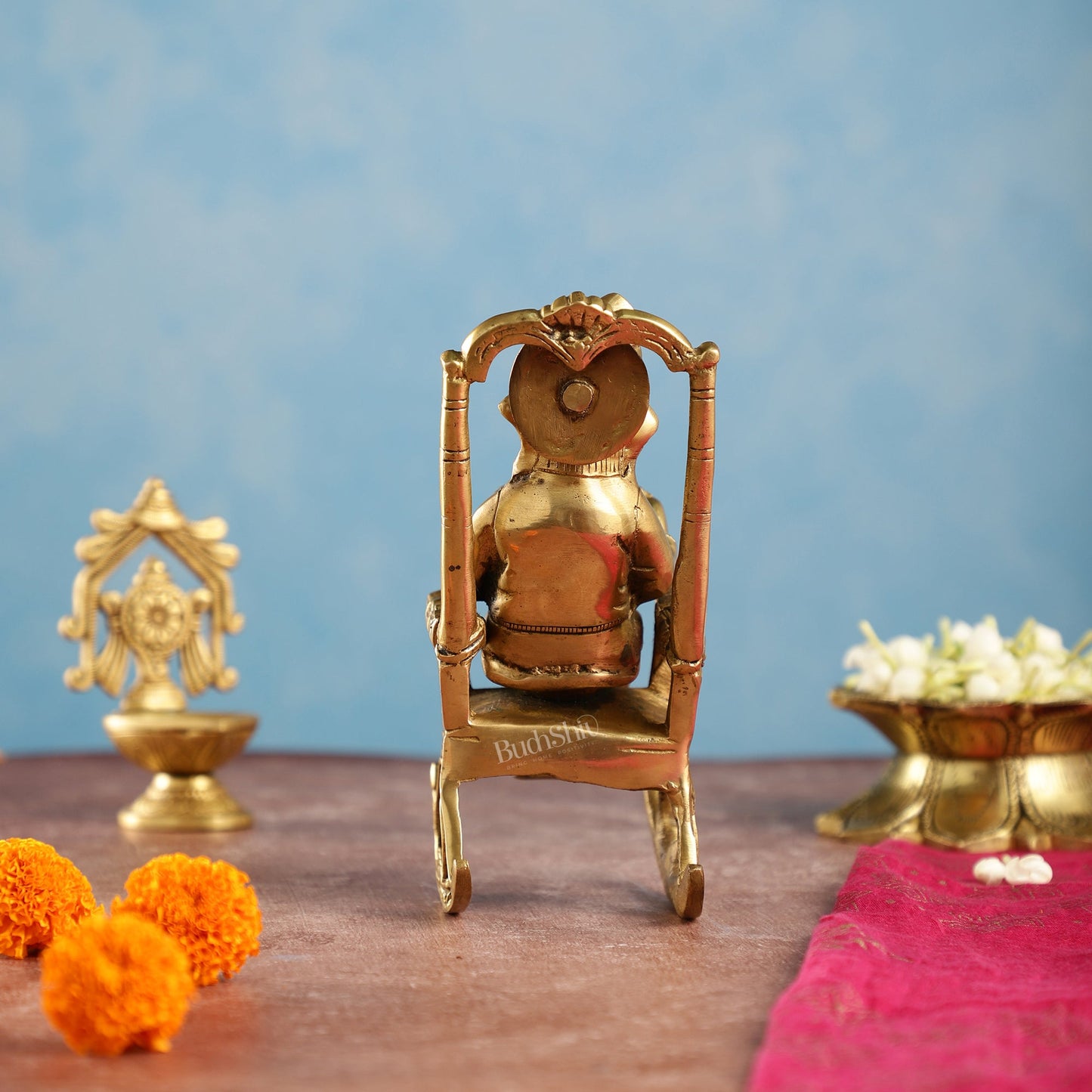 Brass superfine Ganesha on rocking chair 7" - Budhshiv.com