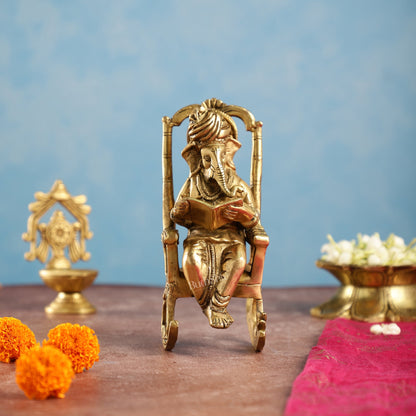 Brass superfine Ganesha on rocking chair 7" - Budhshiv.com