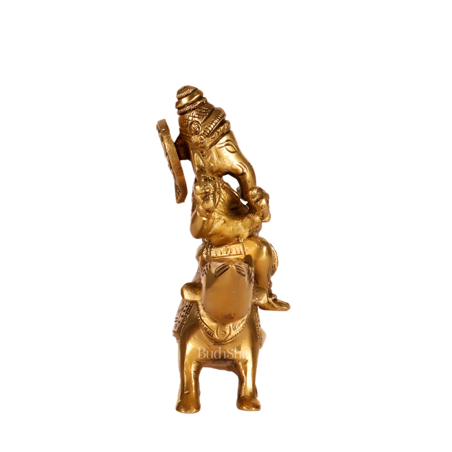 Brass superfine Ganesha seated on a mouse 5" - Budhshiv.com