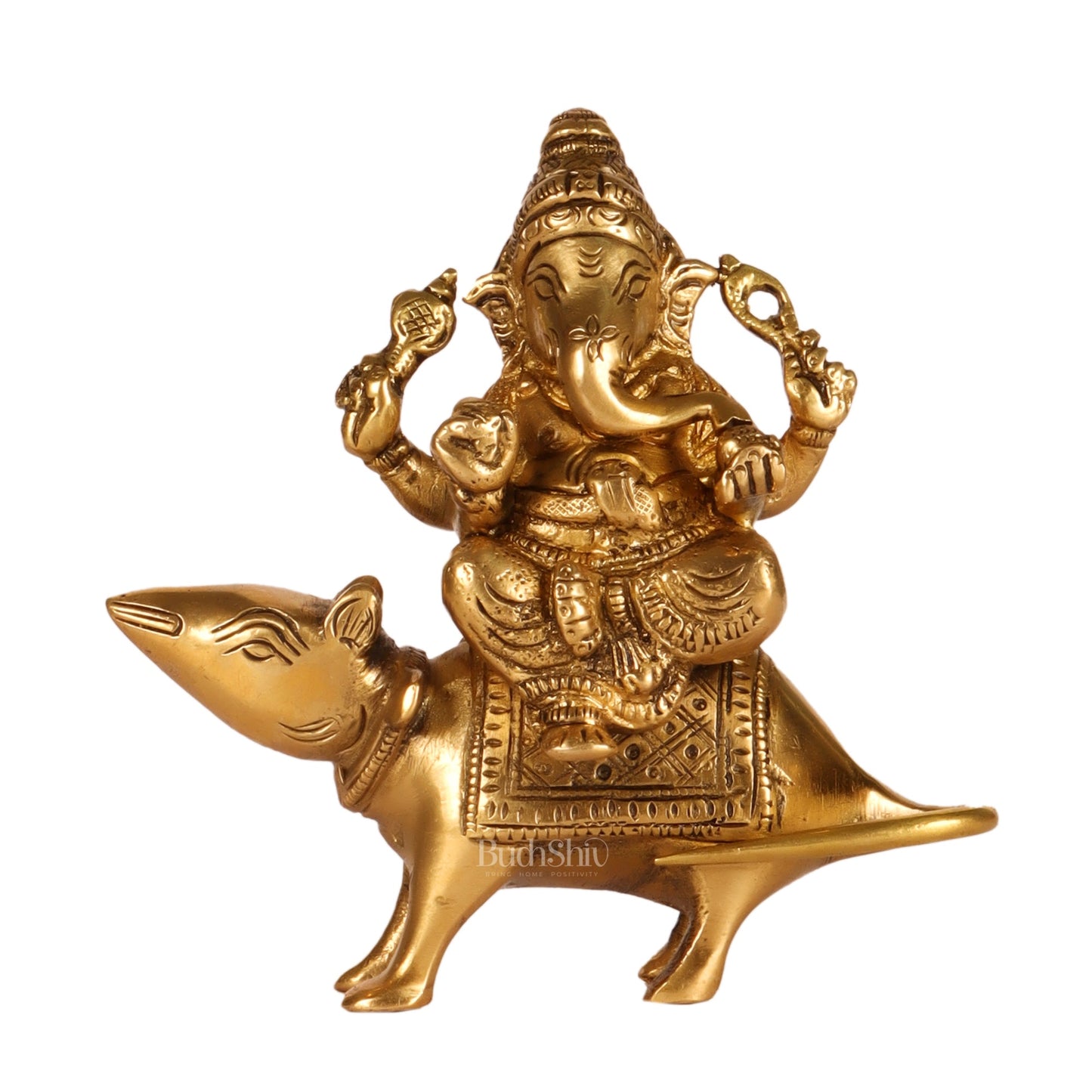 Brass superfine Ganesha seated on a mouse 5" - Budhshiv.com