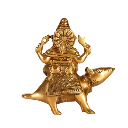 Brass superfine Ganesha seated on a mouse 5" - Budhshiv.com