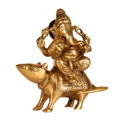 Brass superfine Ganesha seated on a mouse 5" - Budhshiv.com