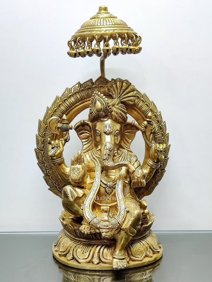 Brass Superfine Ganesha seated on a throne with umbrella 18 inch - Budhshiv.com