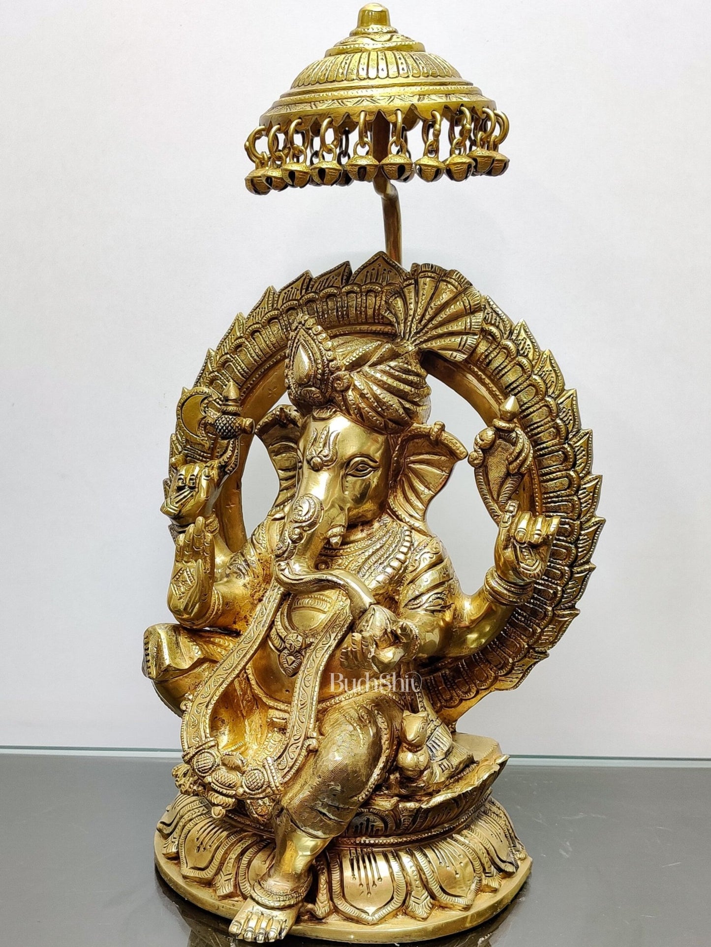 Brass Superfine Ganesha seated on a throne with umbrella 18 inch - Budhshiv.com