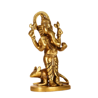 Brass Superfine Ganesha standing with mouse 5" - Budhshiv.com