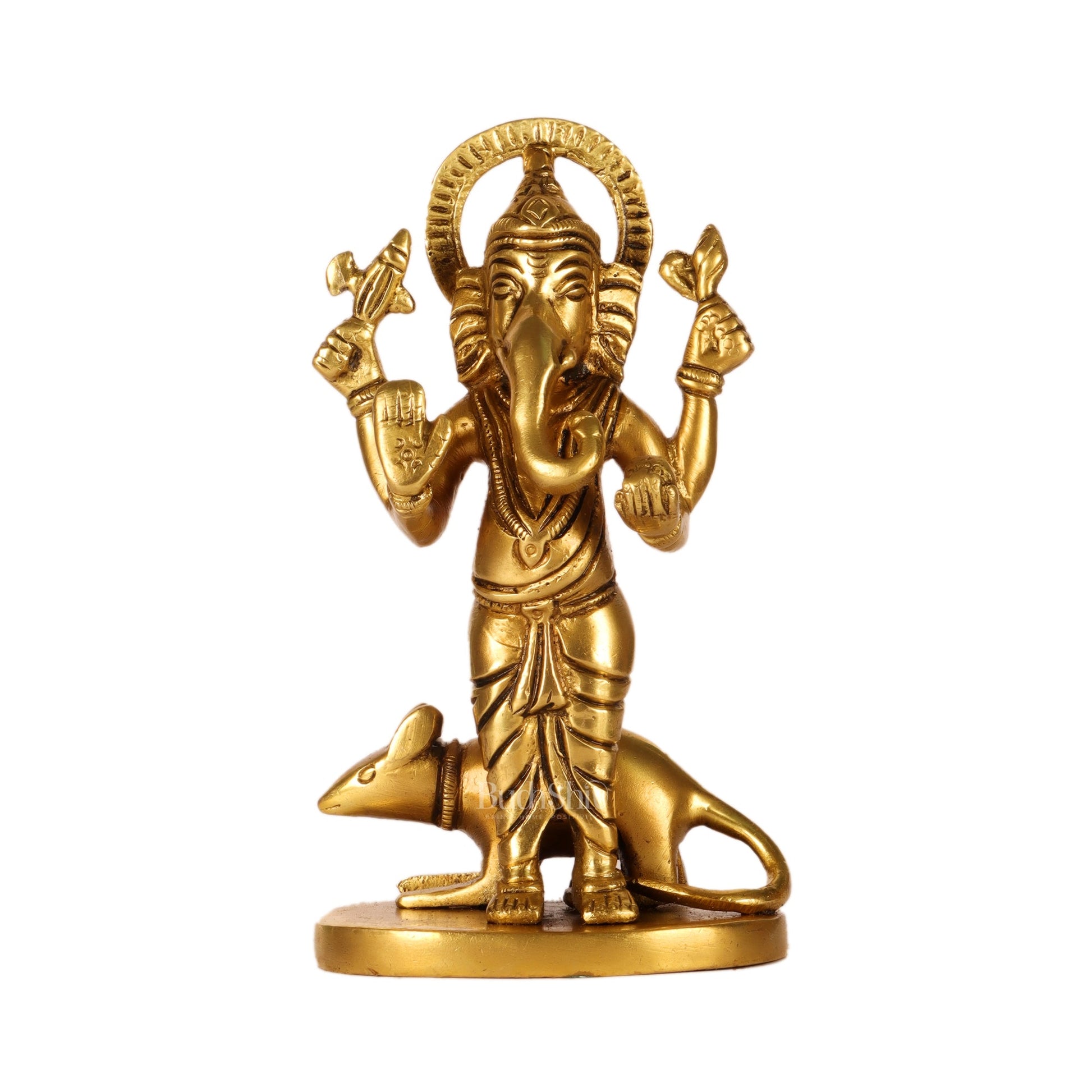 Brass Superfine Ganesha standing with mouse 5" - Budhshiv.com