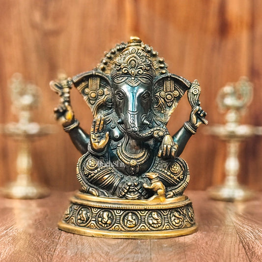 Brass Superfine Ganesha Statue with Ashtavinayaka Engraved - Midnight Black and Golden Finish - 11 inches - Budhshiv.com