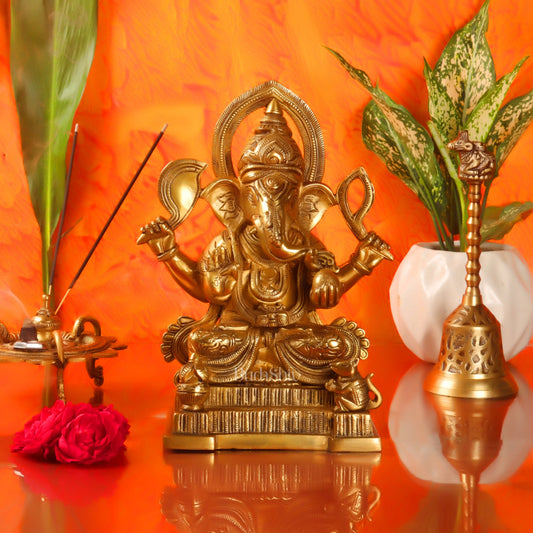 Brass Superfine Ganesha Statue with Kalash and Mouse 10 inch - Budhshiv.com