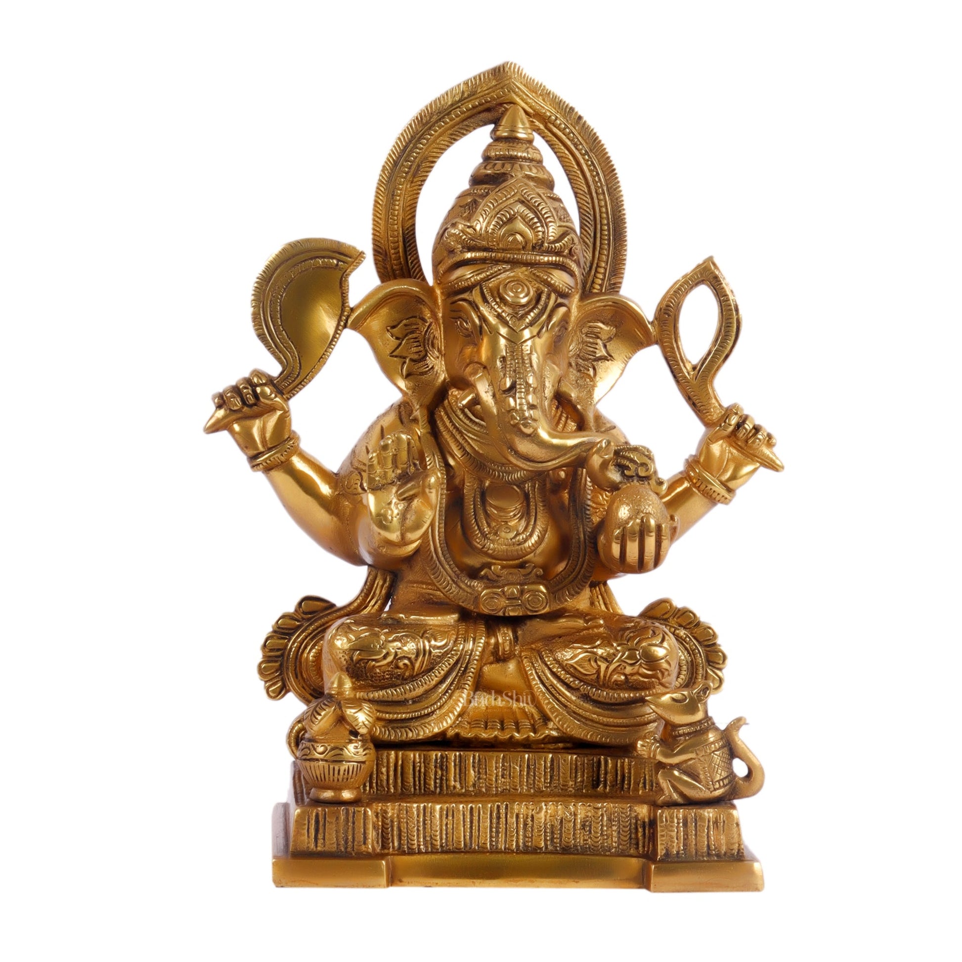 Brass Superfine Ganesha Statue with Kalash and Mouse 10 inch - Budhshiv.com