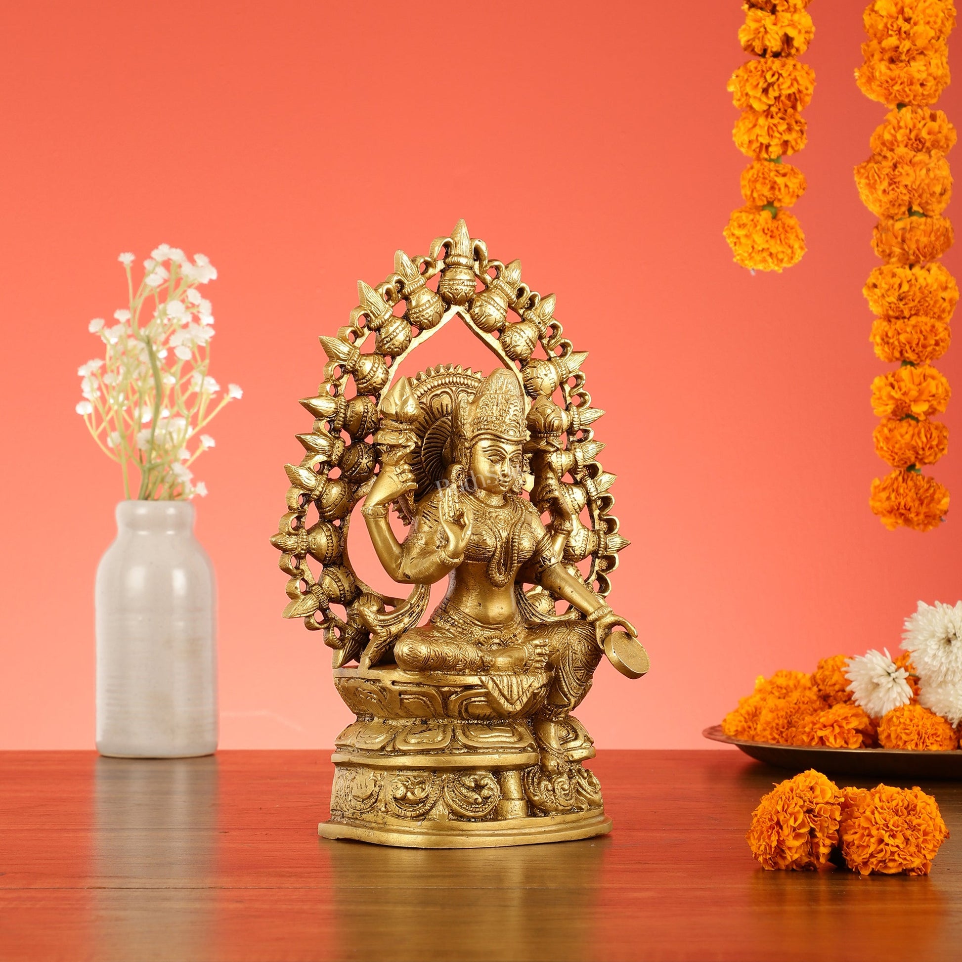 Brass Superfine Goddess Lakshmi with Coin Idol - 10.5 Inch - Budhshiv.com