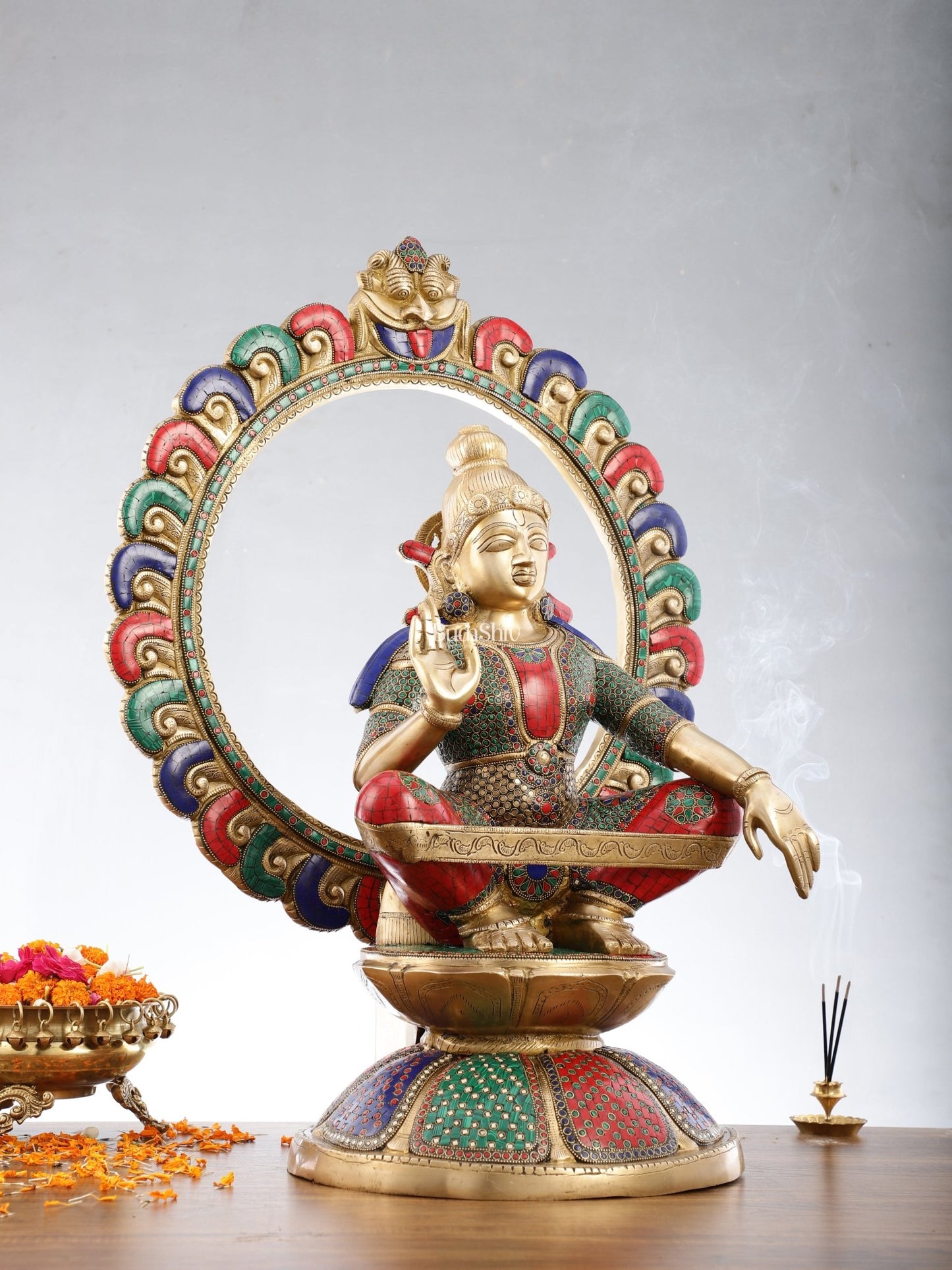 Brass Superfine Handcrafted Ayappan Swamy Statue with stonework 30" - Budhshiv.com