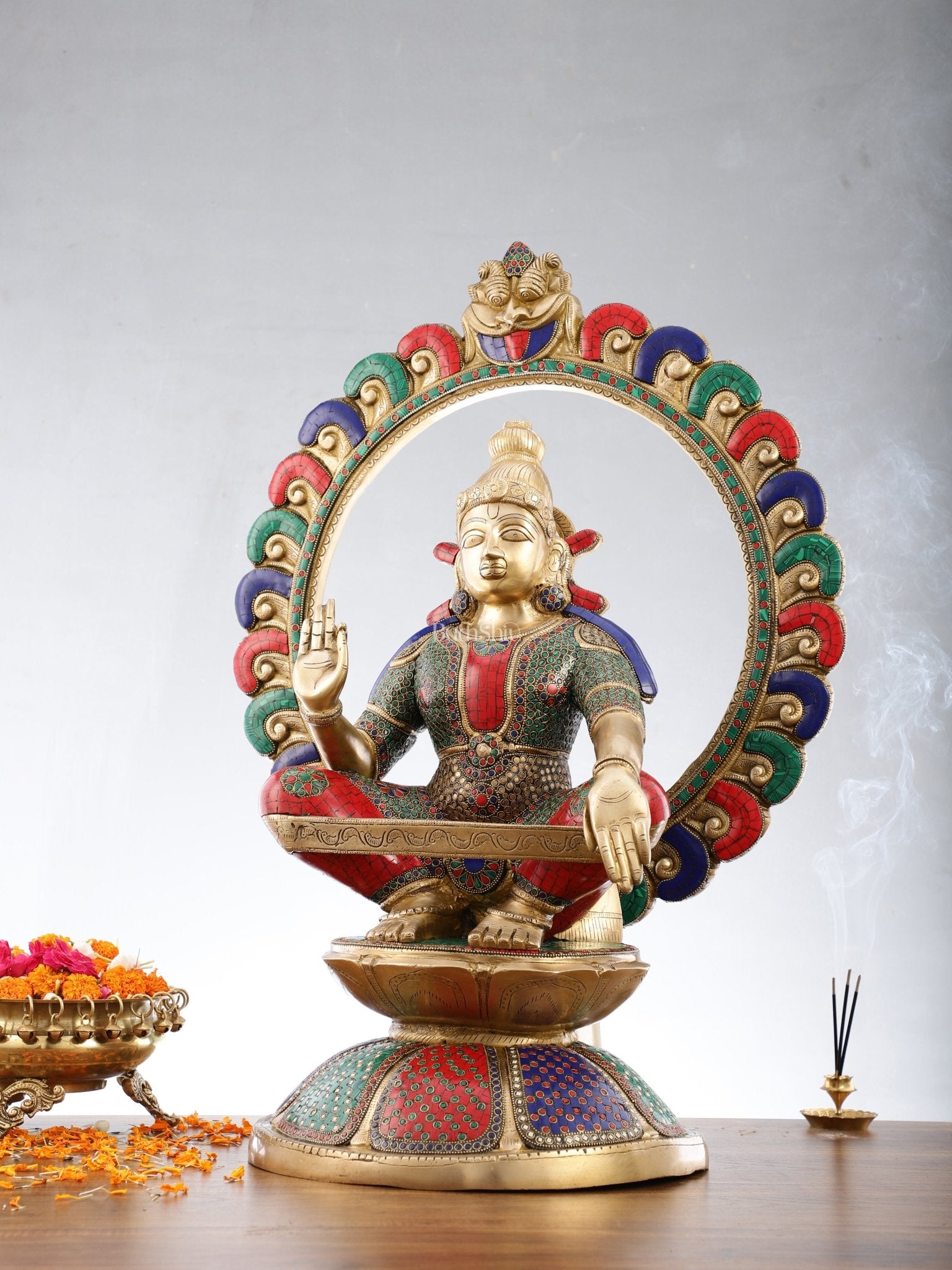 Brass Superfine Handcrafted Ayappan Swamy Statue with stonework 30" - Budhshiv.com