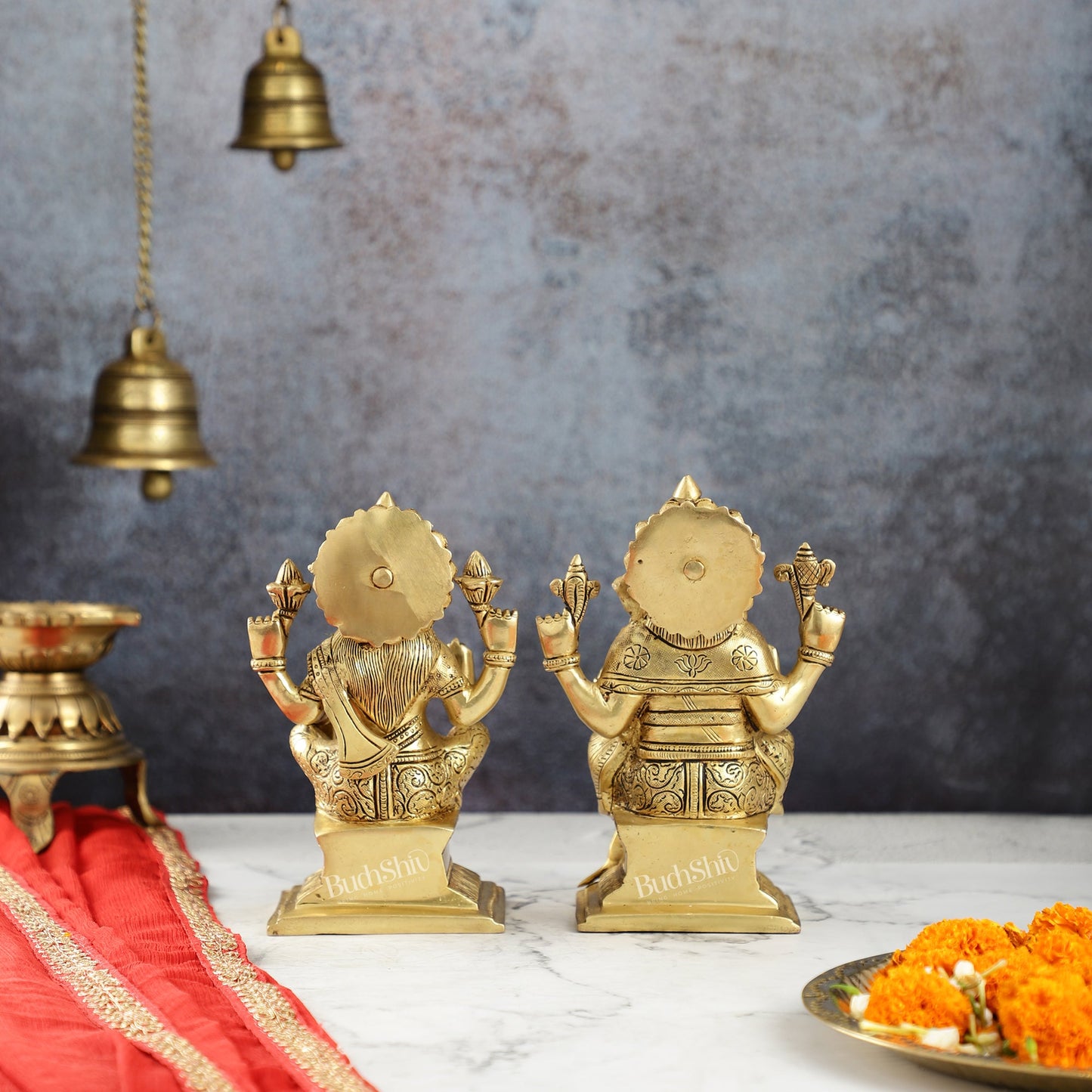 Brass Superfine Handcrafted Ganesha and Lakshmi Murti - Set of two 7.5" - Budhshiv.com