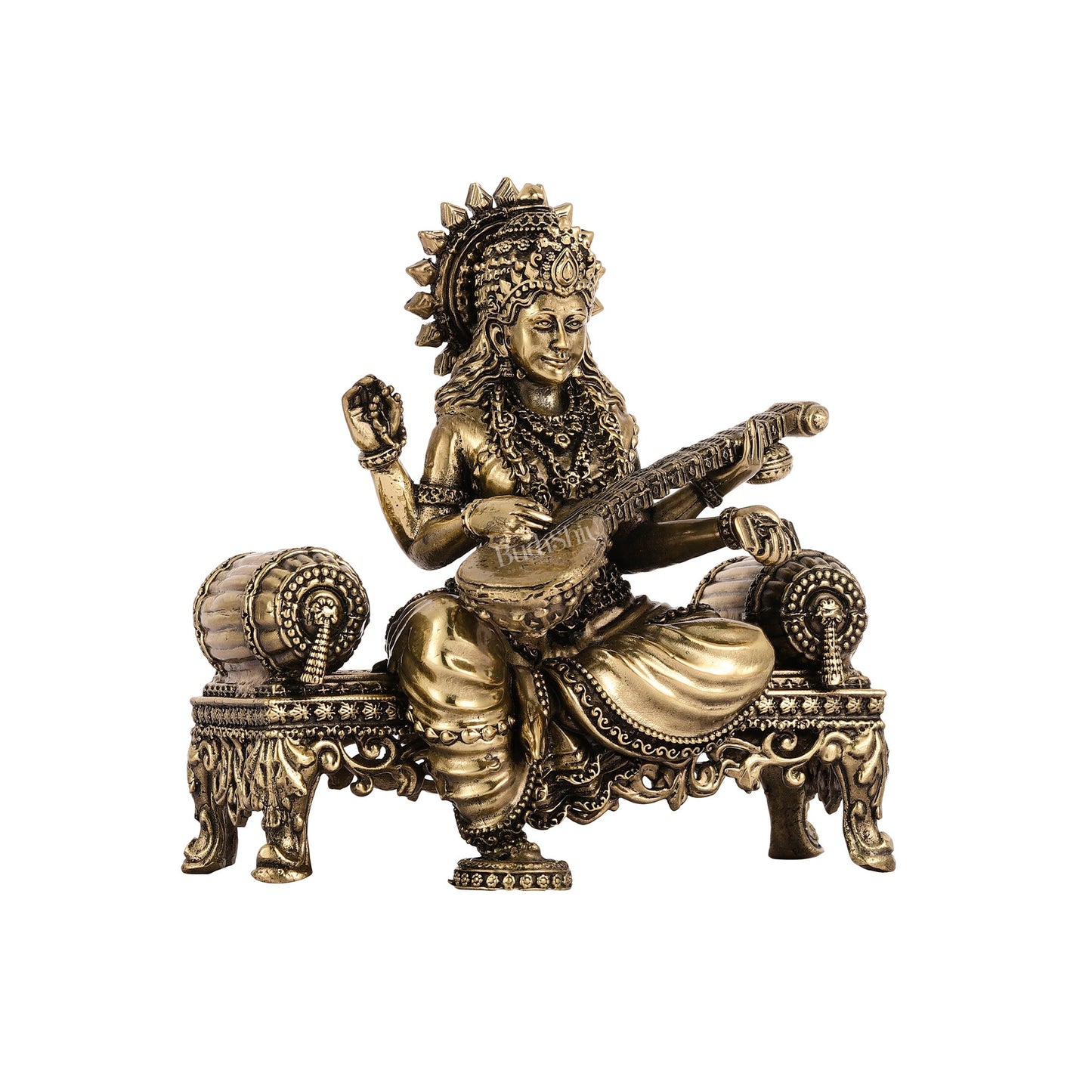 Brass Superfine Intricate Lightweight Goddess Saraswati Idol - 5.5" - Budhshiv.com