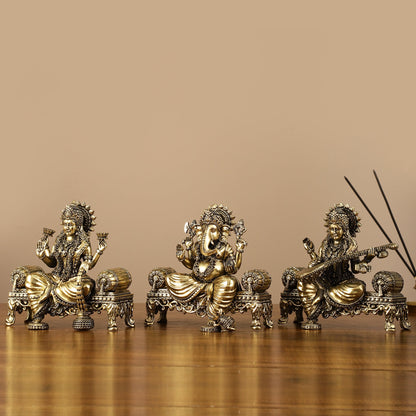 Brass Superfine Intricate Lightweight Idols - Ganesha, Saraswati, Lakshmi | 5.5" - Budhshiv.com