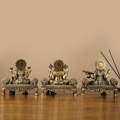 Brass Superfine Intricate Lightweight Idols - Ganesha, Saraswati, Lakshmi | 5.5" - Budhshiv.com