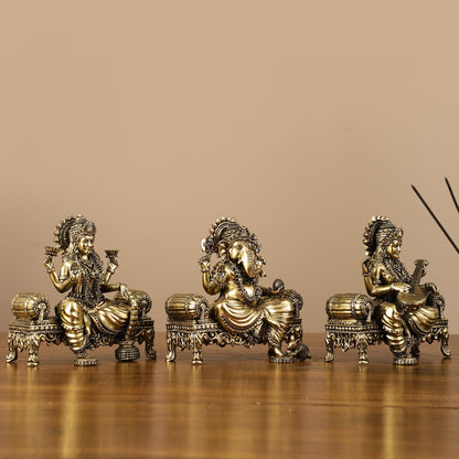 Brass Superfine Intricate Lightweight Idols - Ganesha, Saraswati, Lakshmi | 5.5" - Budhshiv.com