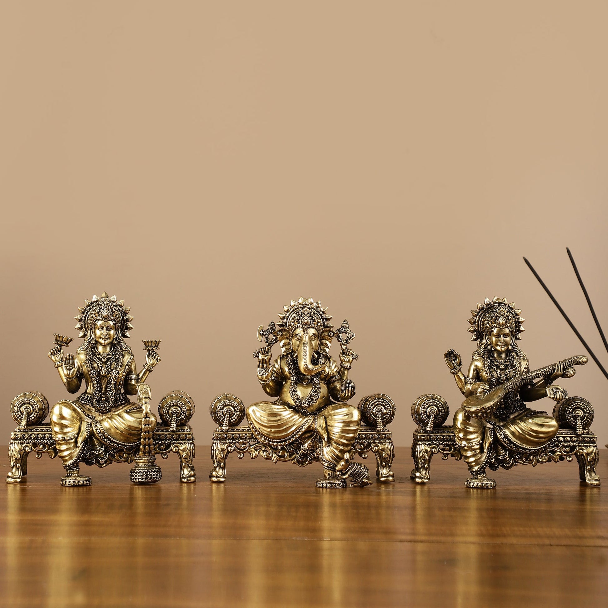 Brass Superfine Intricate Lightweight Idols - Ganesha, Saraswati, Lakshmi | 5.5" - Budhshiv.com