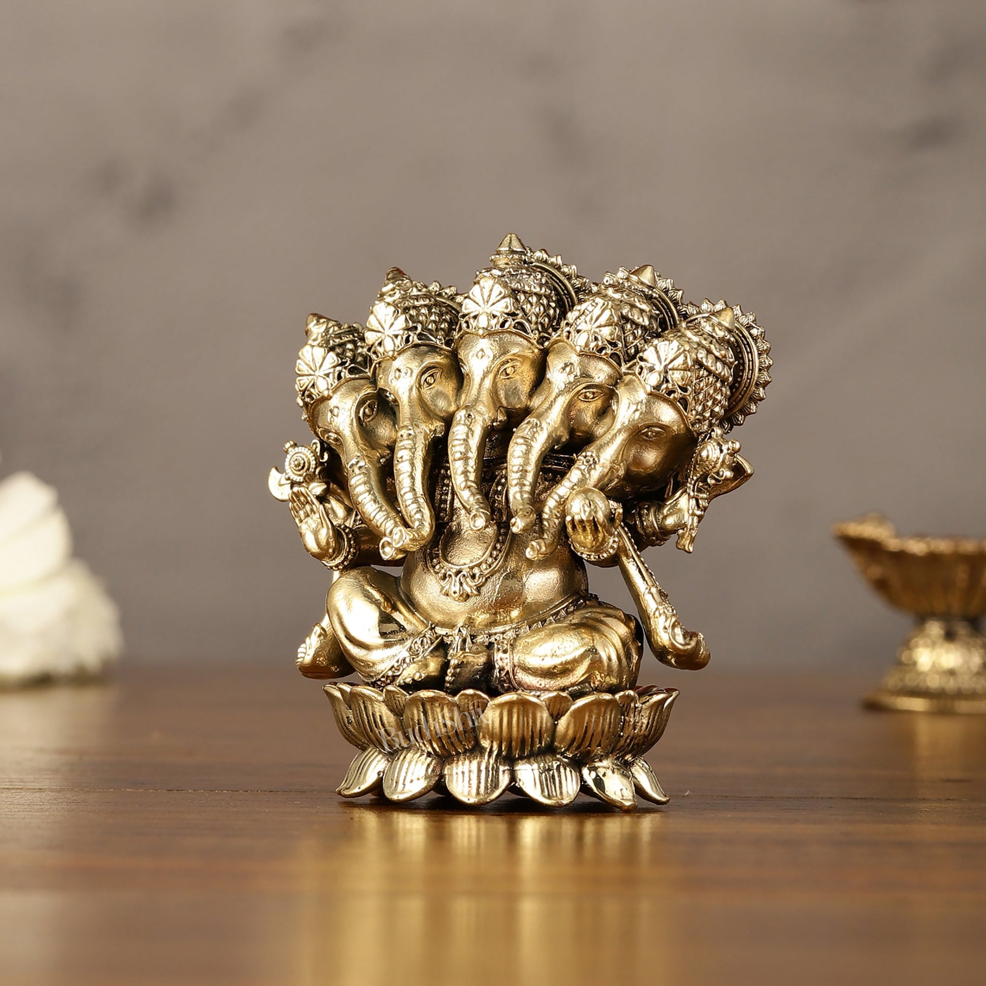 Brass Superfine Intricate Panchmukhi Ganesha Idol - 3.5" - Budhshiv.com