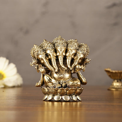 Brass Superfine Intricate Panchmukhi Ganesha Idol - 3.5" - Budhshiv.com