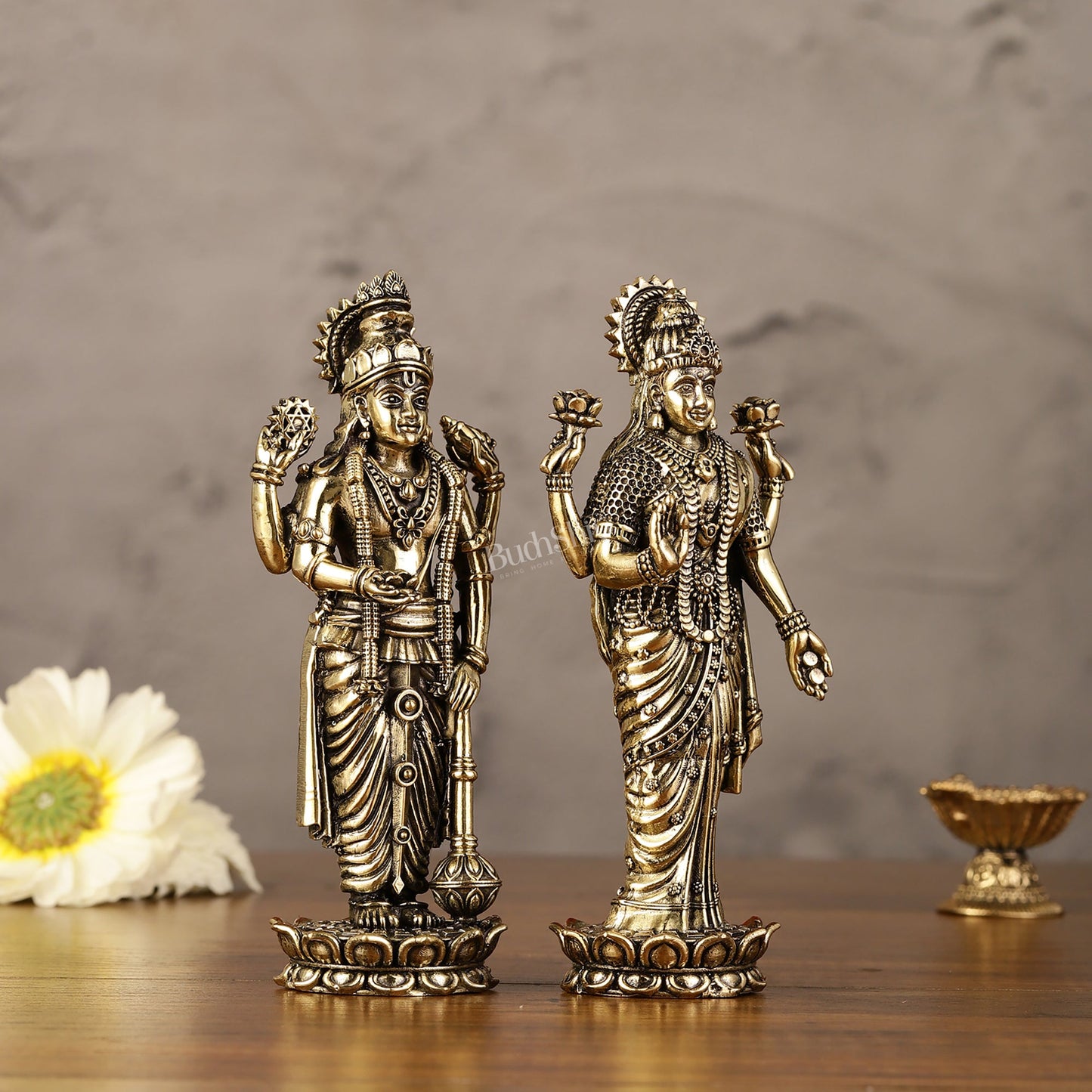 Brass Superfine Intricate Standing Vishnu Lakshmi Narayana Idol - 6" - Budhshiv.com