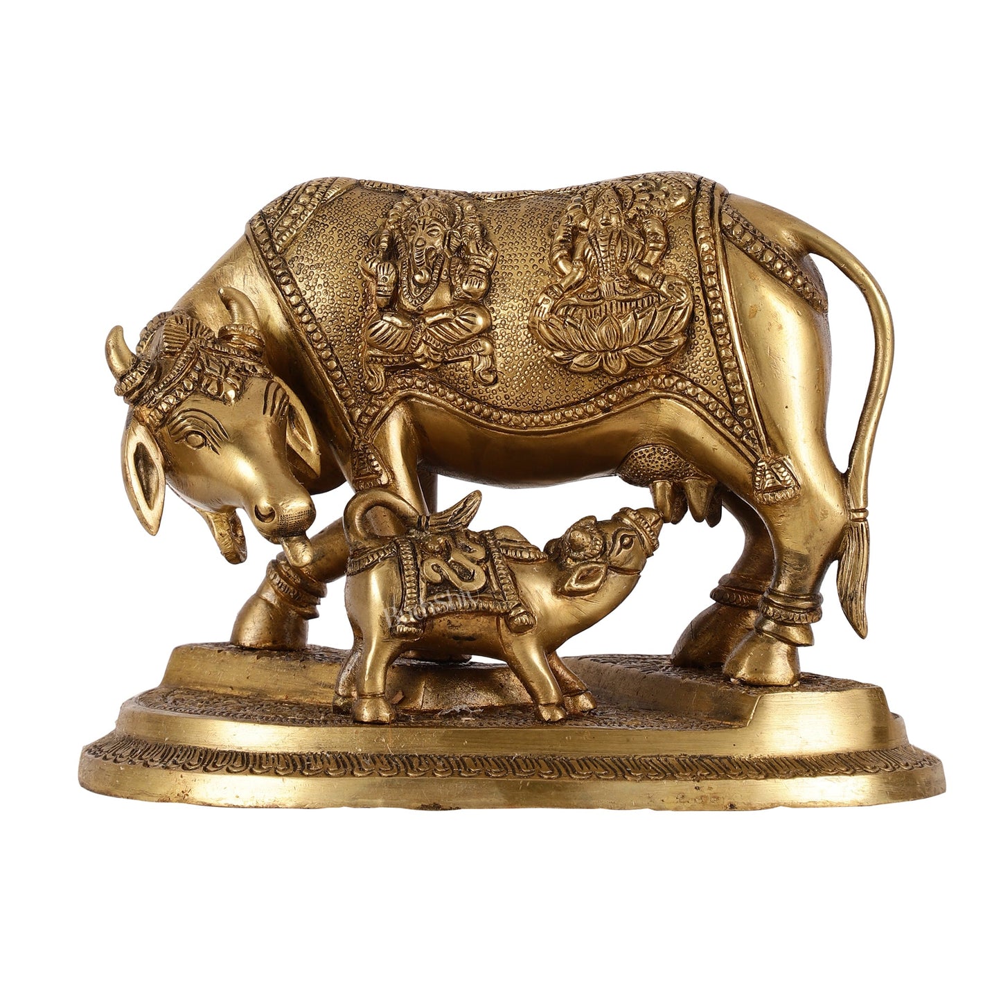 Brass Superfine Kamdhenu Cow with Calf Idol 8.5 inch - Budhshiv.com