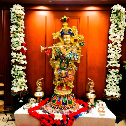 Brass Superfine Krishna Statue | 36 Inch | Inlay Stonework - Budhshiv.com