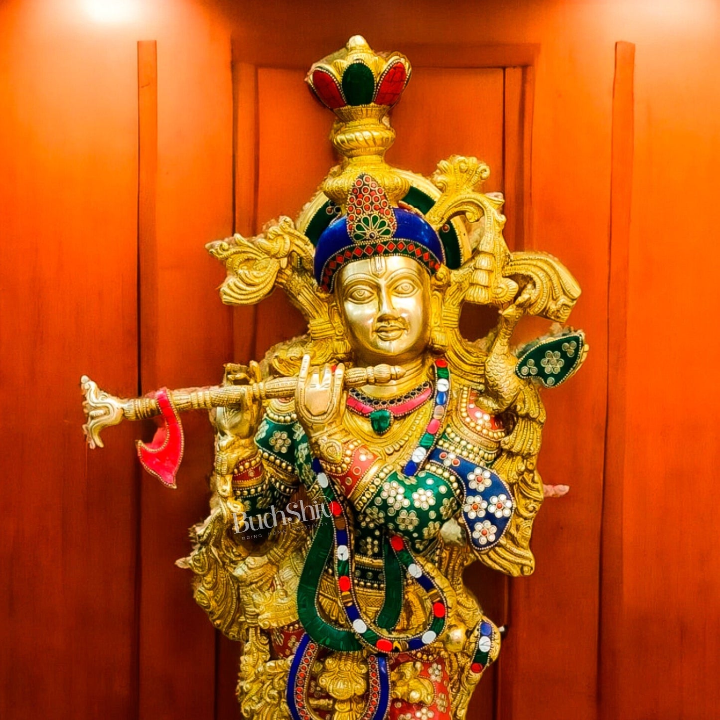 Brass Superfine Krishna Statue | 36 Inch | Inlay Stonework - Budhshiv.com