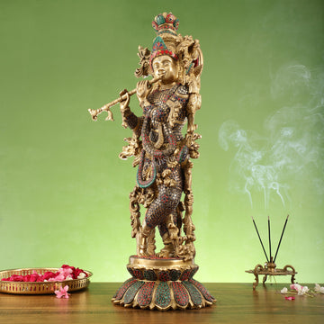 Brass Superfine Krishna Statue on lotus base 26" - Budhshiv.com