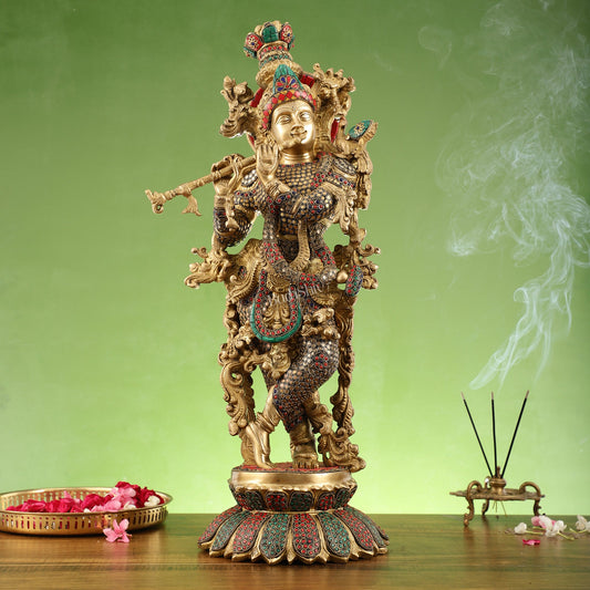Brass Superfine Krishna Statue on lotus base 26" - Budhshiv.com