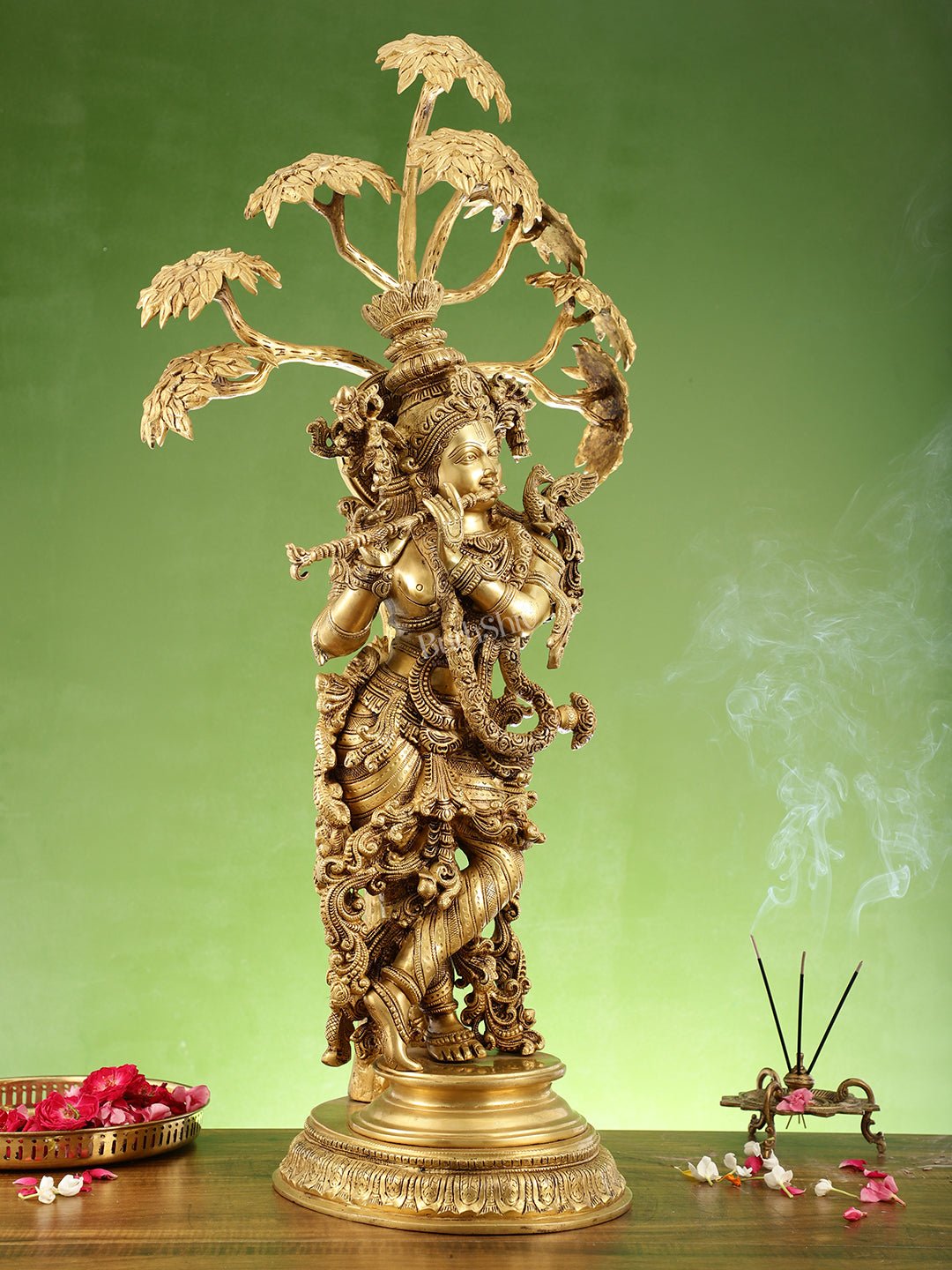 Brass Superfine Krishna under Kalpavriksha statue 35" - Budhshiv.com