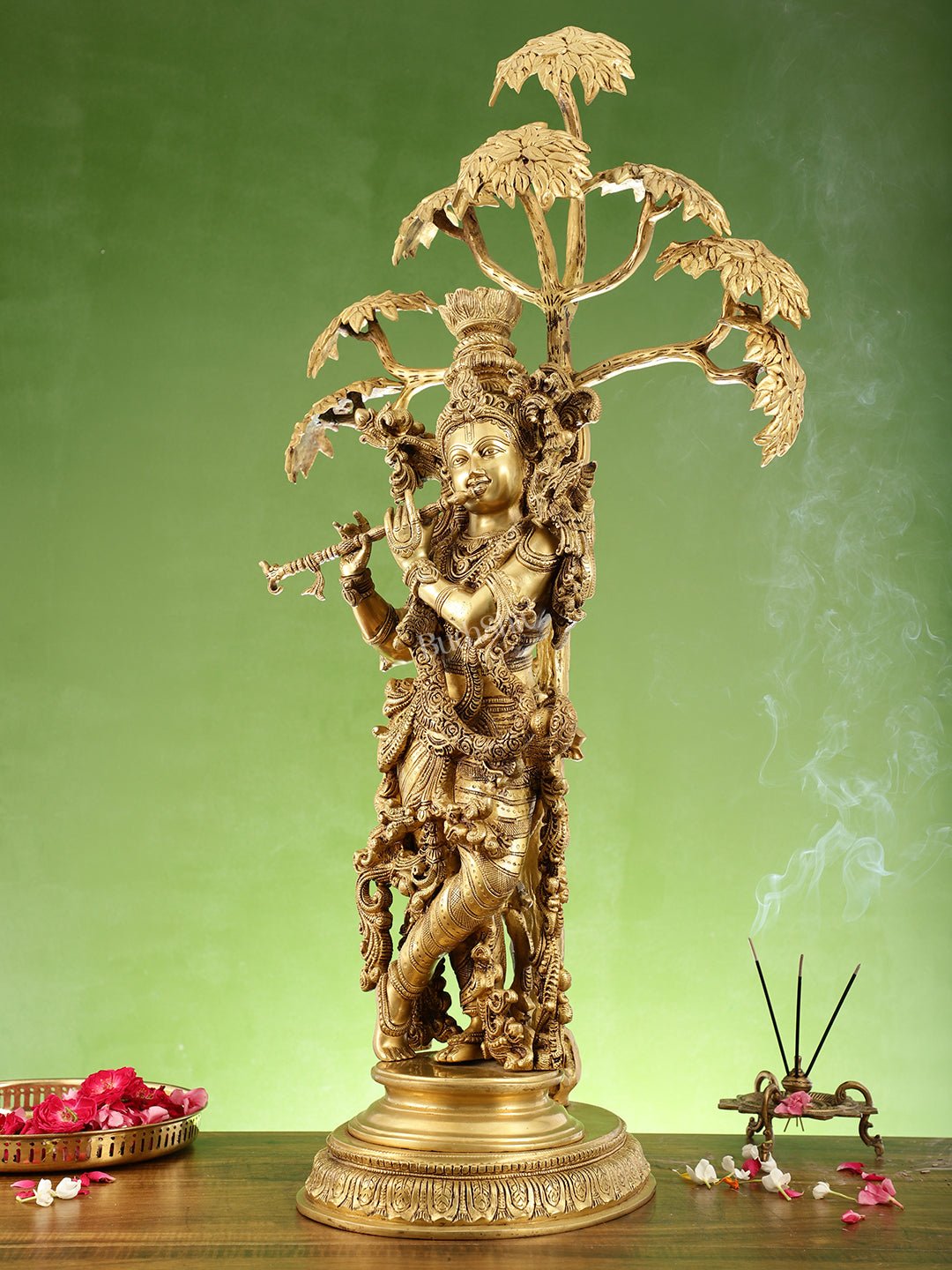 Brass Superfine Krishna under Kalpavriksha statue 35" - Budhshiv.com