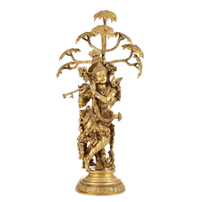 Brass Superfine Krishna under Kalpavriksha statue 35" - Budhshiv.com