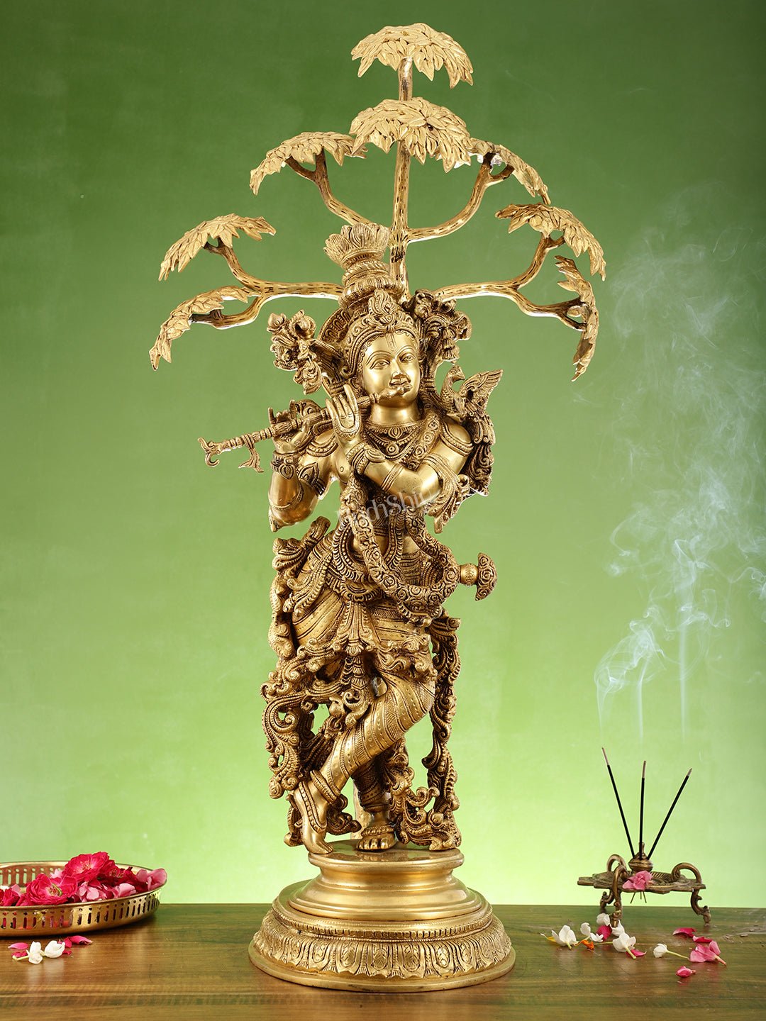 Brass Superfine Krishna under Kalpavriksha statue 35" - Budhshiv.com