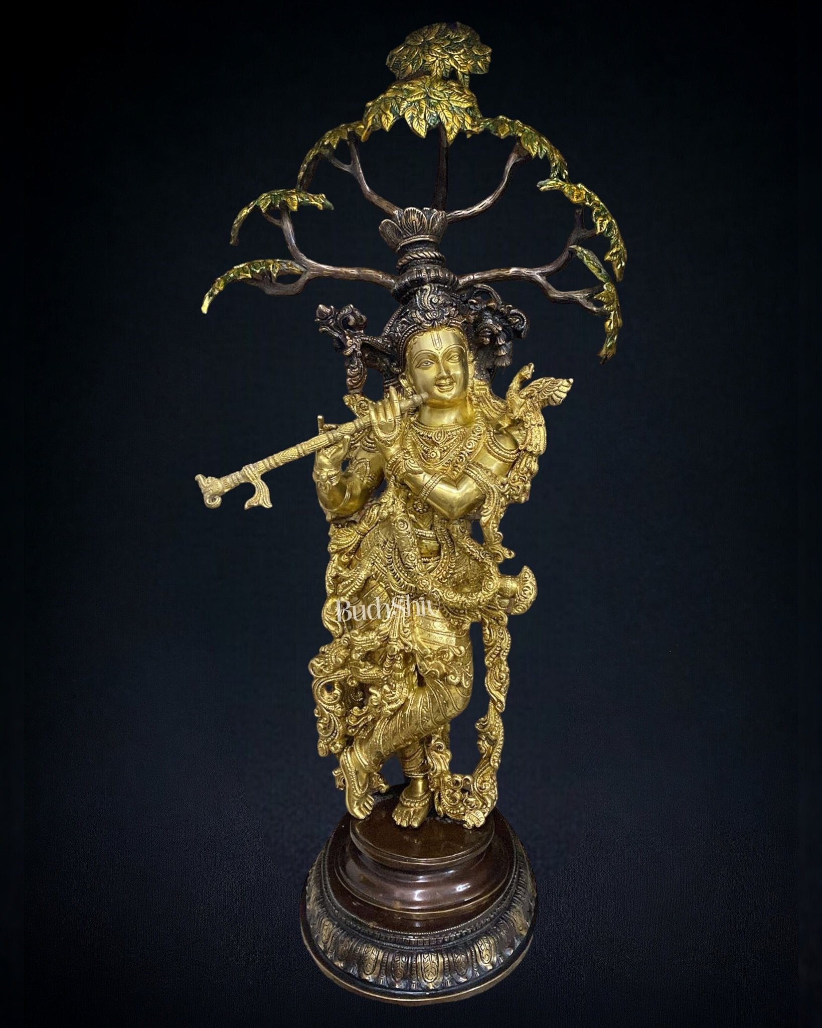 Brass Superfine Krishna under Kalpavriksha statue 35" - Budhshiv.com
