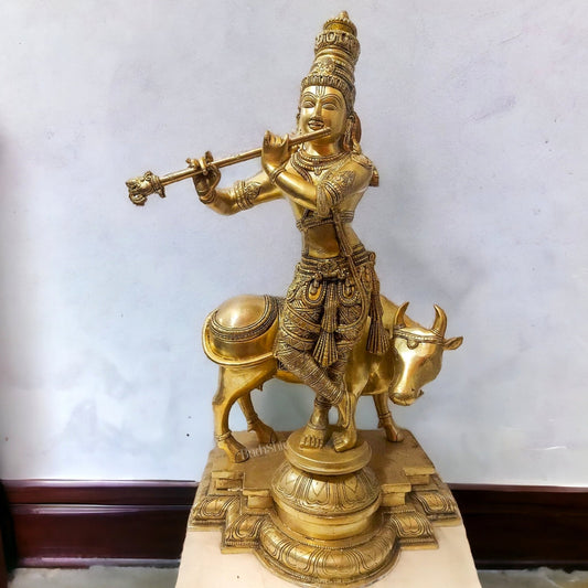 Brass Superfine Krishna With Cow idol 26 inch - Budhshiv.com