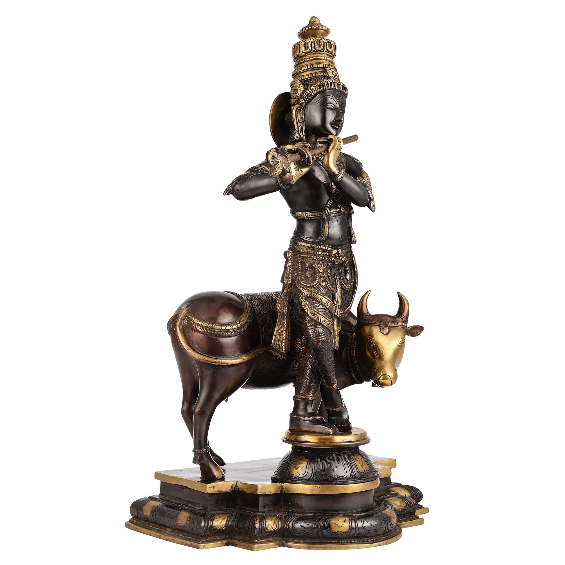 Brass Superfine Krishna With Cow idol Black Finish - 26 inch - Budhshiv.com