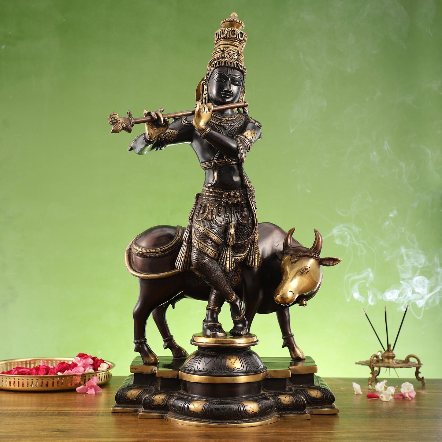 Brass Superfine Krishna With Cow idol Black Finish - 26 inch - Budhshiv.com