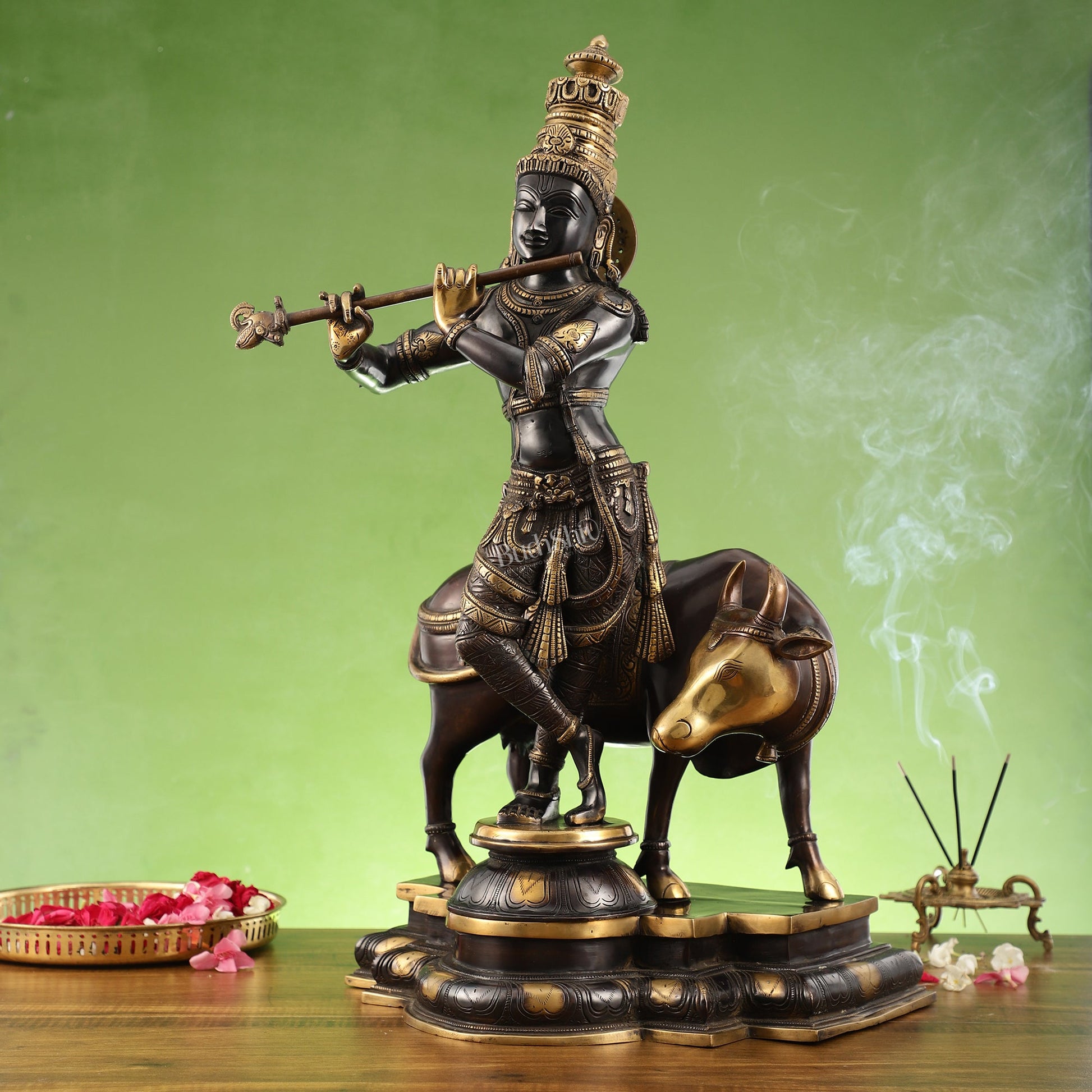 Brass Superfine Krishna With Cow idol Black Finish - 26 inch - Budhshiv.com