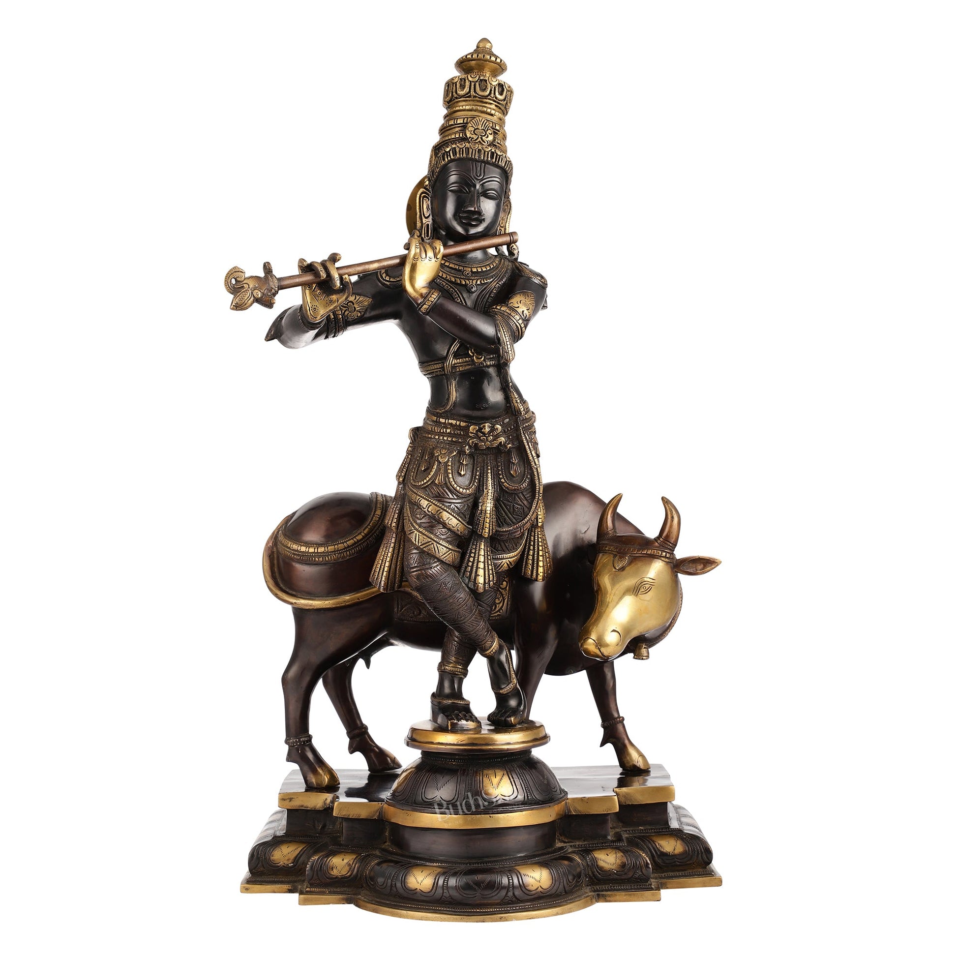 Brass Superfine Krishna With Cow idol Black Finish - 26 inch - Budhshiv.com