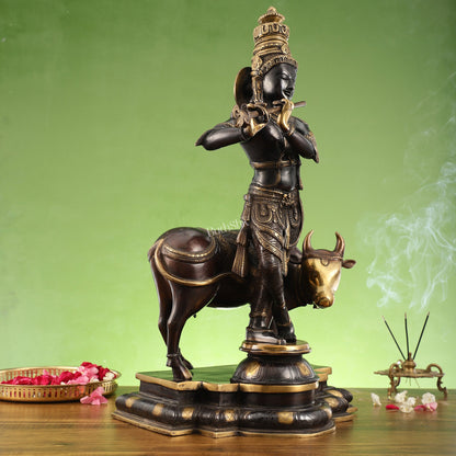 Brass Superfine Krishna With Cow idol Black Finish - 26 inch - Budhshiv.com