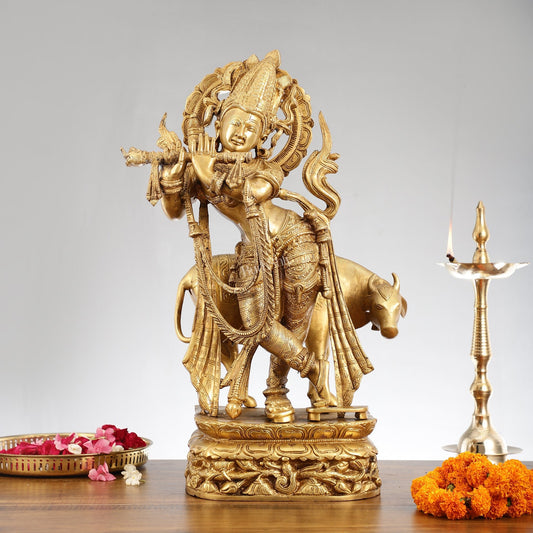 Brass Superfine Krishna with Cow Statue | Divine Elegance | Height 24 Inch - Budhshiv.com