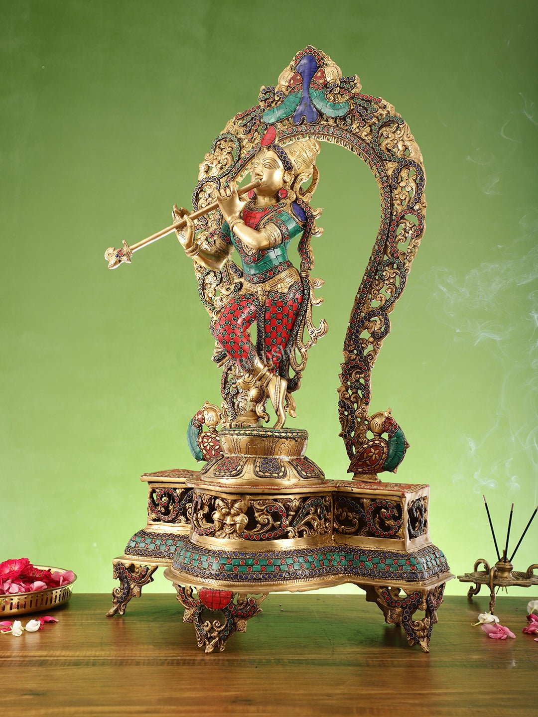 Brass Superfine Krishna with Prabhavali sculpture 31" - Budhshiv.com