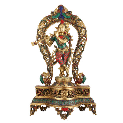 Brass Superfine Krishna with Prabhavali sculpture 31" - Budhshiv.com